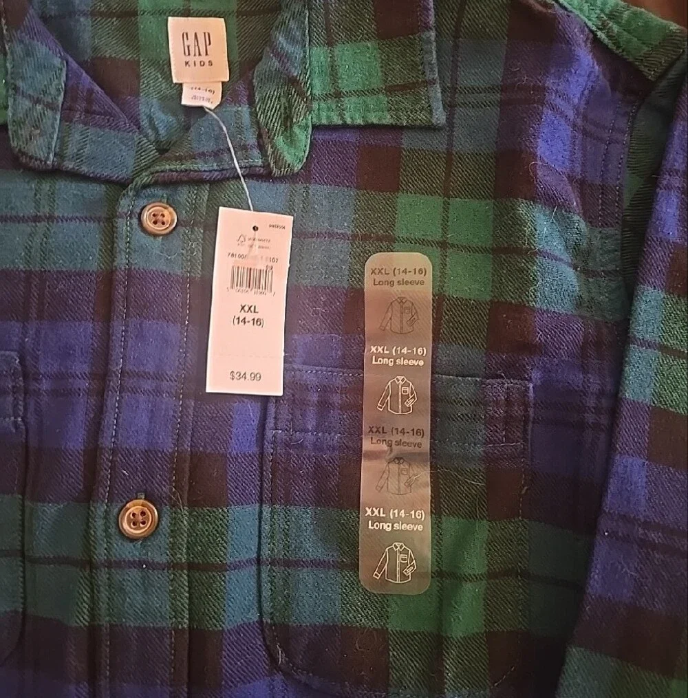 GAP Kids Green & Blue Plaid Button-Down Flannel Shirt XXL 14-16 Boys